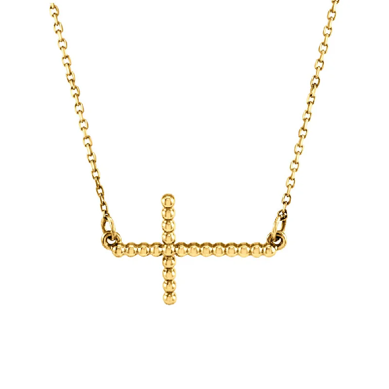 Large Crystal Necklace for Evening Wear-15.5mm Sideways Beaded Cross Necklace in 14k Yellow Gold, 16.5 Inch