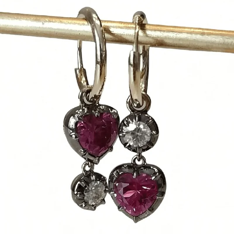 Gold Plated Earrings for Women-2 ct Heart-Shaped Ruby and Round Moissanite Blackened Gold Georgian Earrings Antique Inspired