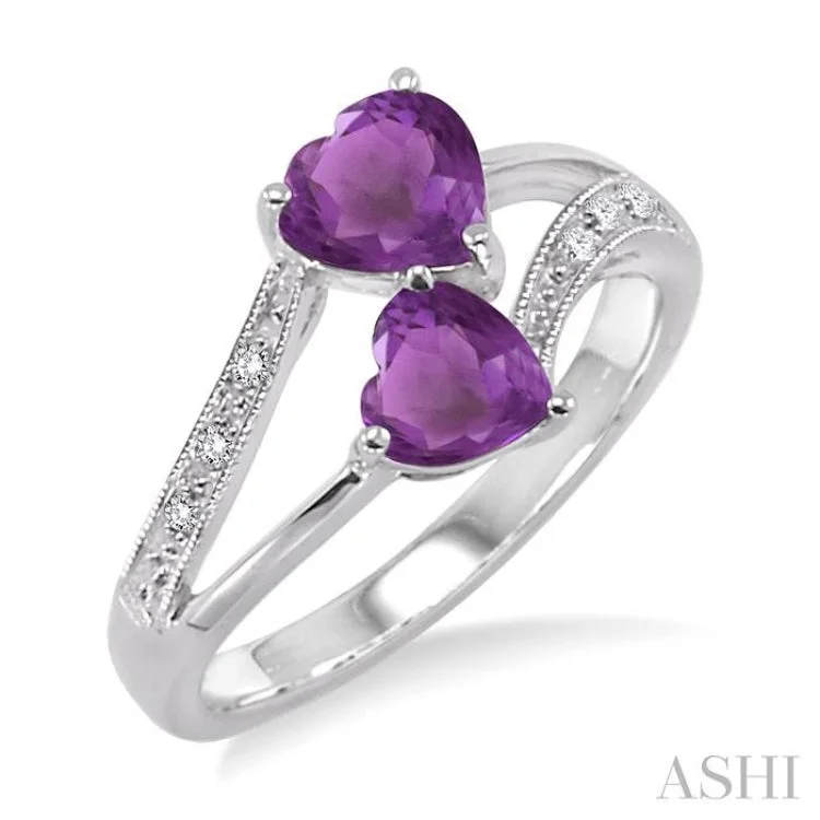 Luxury Ring for Anniversary Gifts-5&6 mm Heart Shape Amethyst and 1/50 Ctw Single Cut Diamond Ring in Sterling Silver