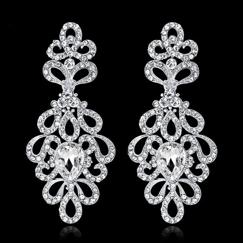 Silver Hoop Earrings-TRZ-001 Luxury Crystal Floral Bridal Long Drop Wedding Earrings Silver