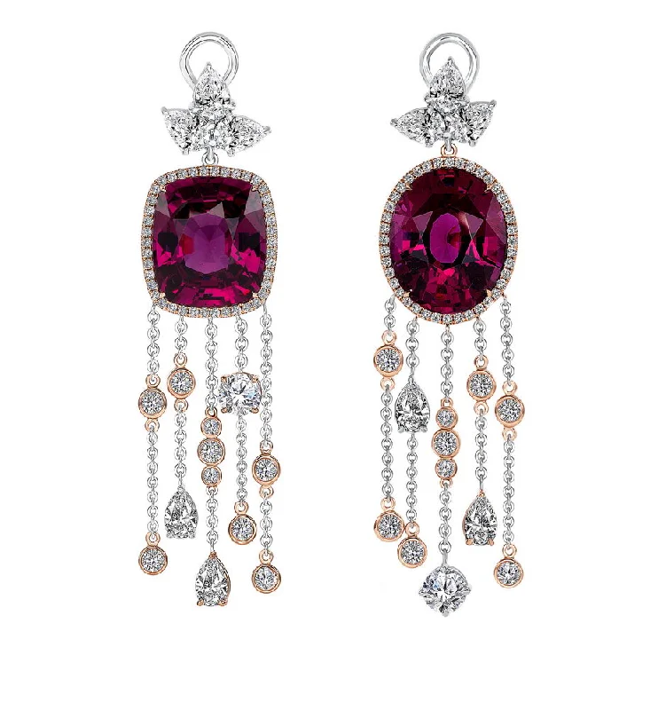 Handmade Earrings for Weddings-Uneek HeartStrings Earrings with Asymmetrical Oval-Cushion Rhodolite Garnet and Diamond