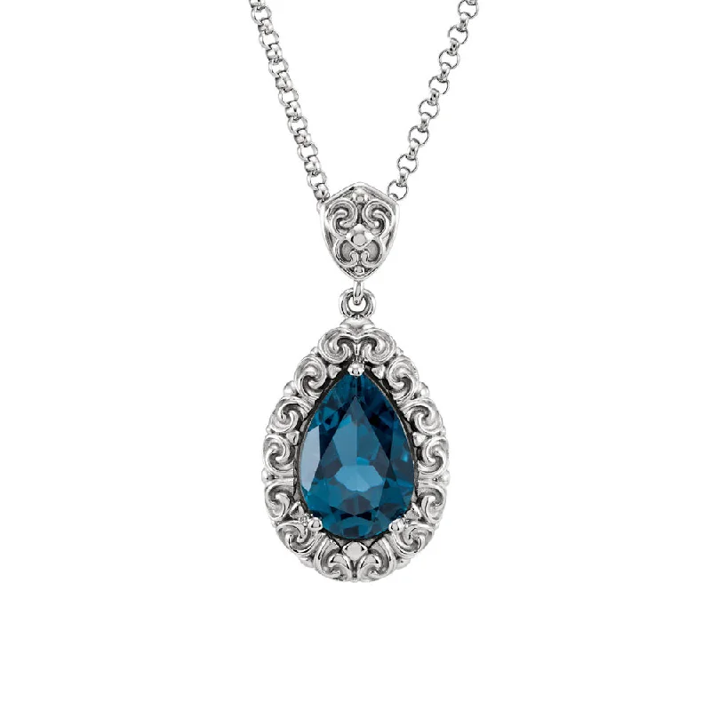 Luxury Pearl Necklace for Evening Wear-London Blue Topaz Teardrop Scroll Necklace in 14k White Gold, 18 Inch