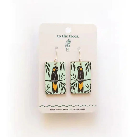 Geometric Gold Earrings-To the Trees Dangles - Yellow Tailed Black Cockatoo