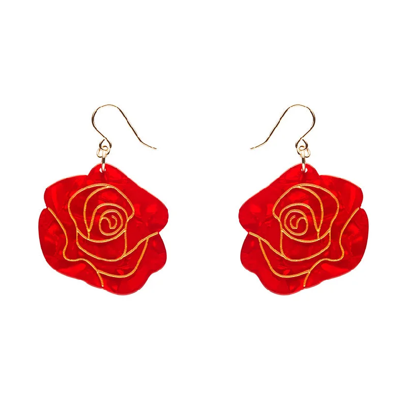 Elegant Earrings for Formal Wear-Erstwilder - Eternal Rose Drop Earrings - Red