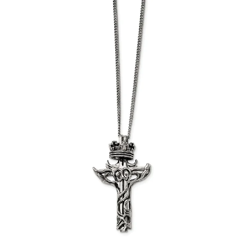 Boho Chic Necklace for Women-Stainless Steel 2 Piece Crown and Cross Necklace - 22 Inch