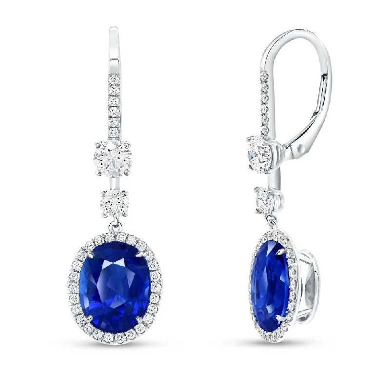 Bridal Earrings for Bride-to-be-Uneek Precious Collection Halo Oval Shaped Blue Sapphire Dangle Earrings