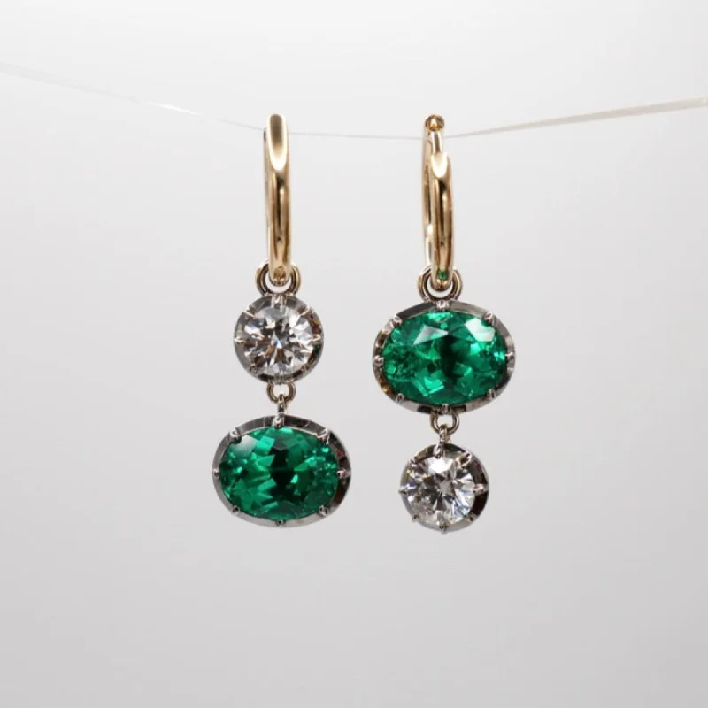 Dazzling Drop Earrings for Formal Wear-5 ct Oval Emerald and Round Moissanite Georgian Mismatched Gold Hoop Earrings Antique Inspired