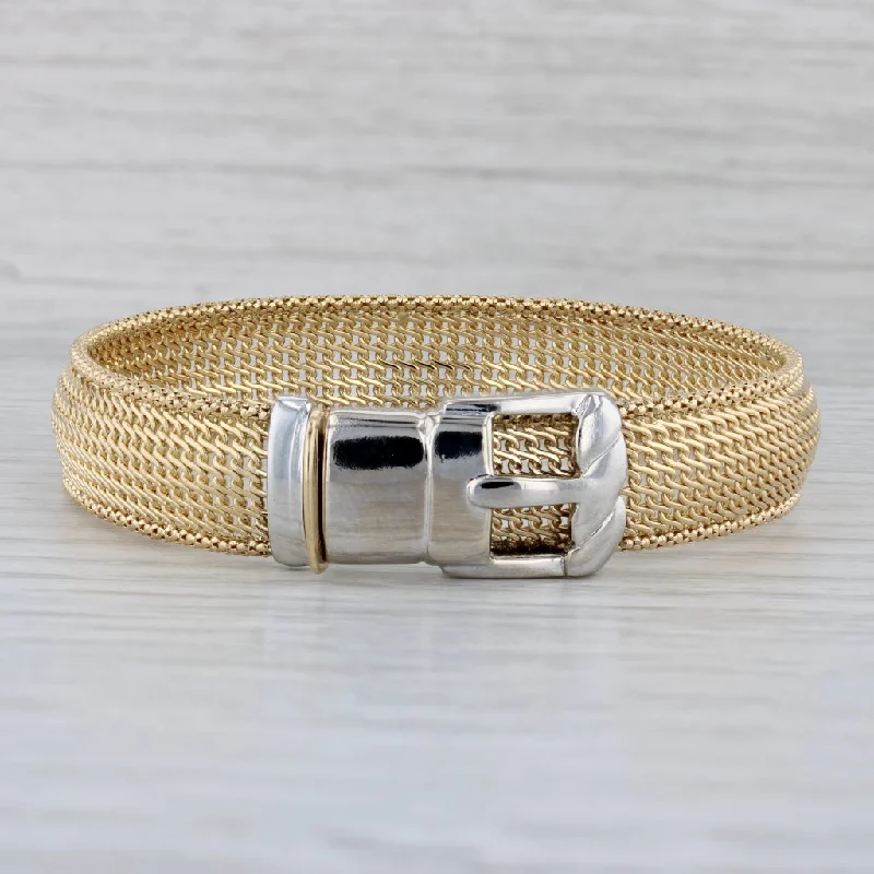 Leather Bracelet for Casual Wear-Belt Buckle Bracelet 18k Yellow White Gold Mesh Band 7.25"