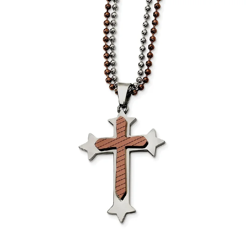 Elegant Wedding Necklace for Brides-Men's Stainless Steel and Cognac Accent Cross Necklace