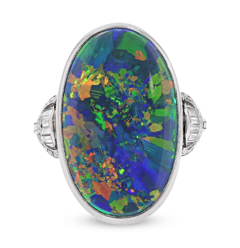 Elegant Silver Engagement Ring-Marcus & Co. Black Opal Ring, 10 carats