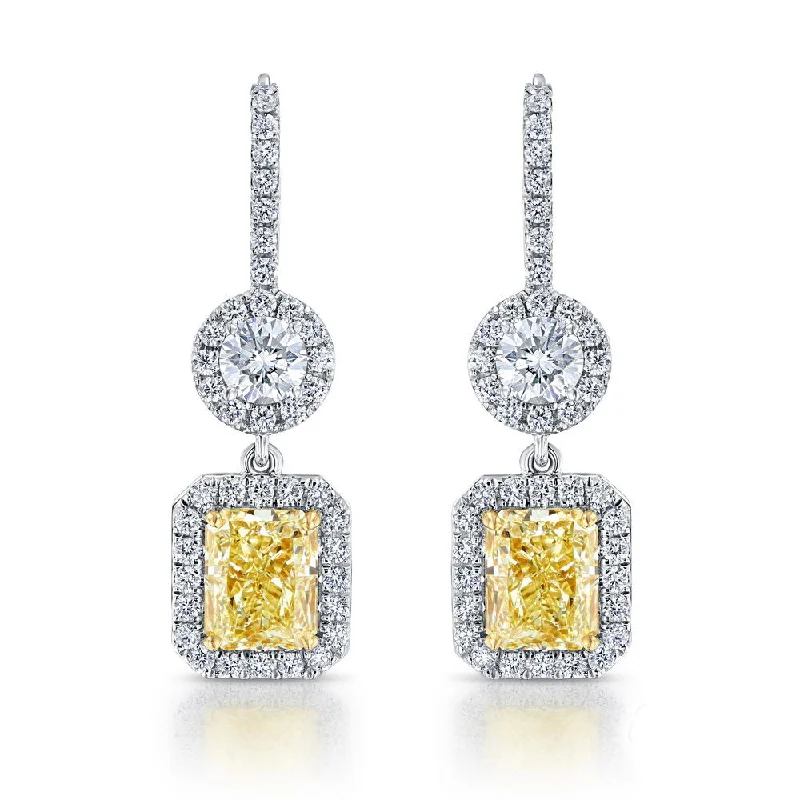 Geometric Silver Earrings for Style-Uneek Radiant Fancy Yellow Diamond Dangle Earrings with Accent Round Diamonds