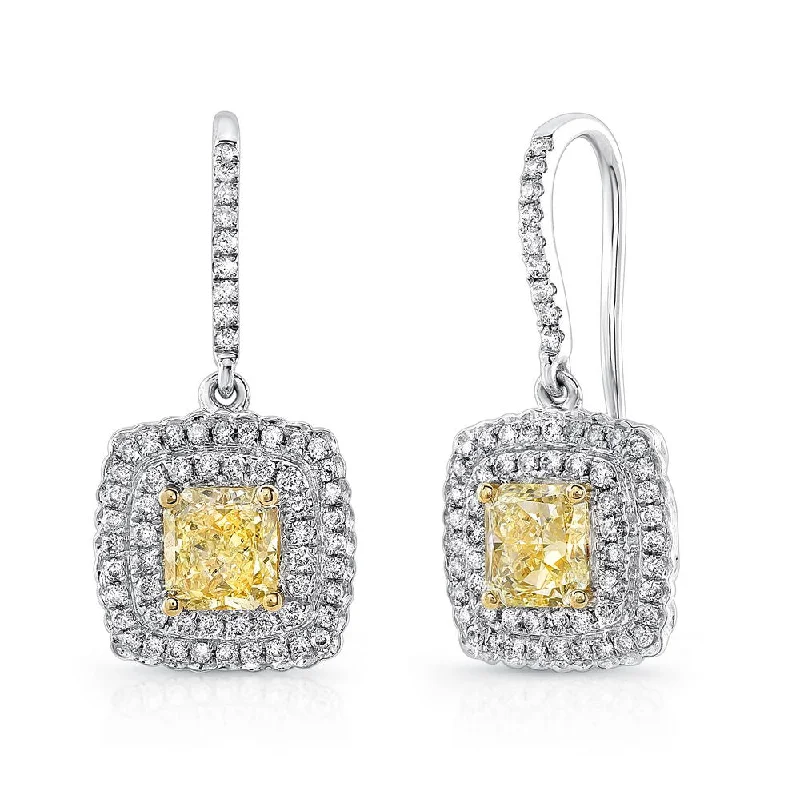 Black Diamond Earrings for Evening Wear-Uneek Natureal Collection Double-Halo Cushion Cut Fancy Yellow Diamond Dangle Earrings