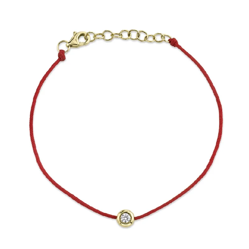 Handmade Leather Bracelet for Men-14K Yellow Gold Red String Diamond Bezel Bracelet