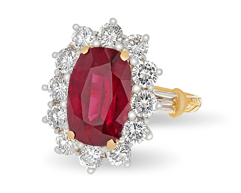 Classic Men’s Wedding Ring with Engraving-Cushion-Cut Ruby Ring, 5.82 Carats