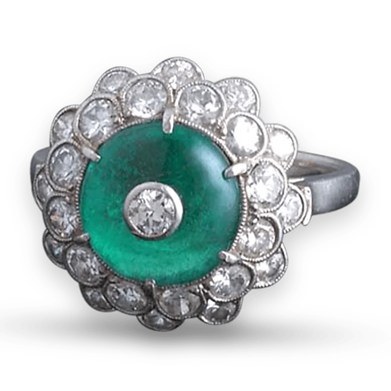 Handcrafted Diamond Ring for Engagement-Art Deco Cabochon Emerald Ring, 3.00 Carats