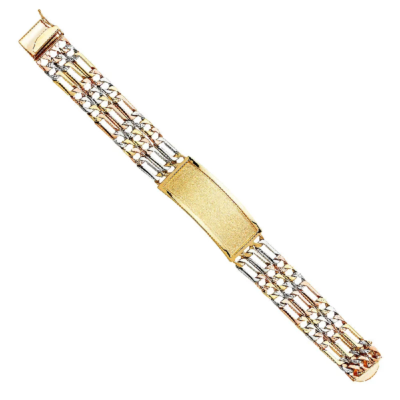 Beautiful Bead Bracelet for Casual Wear-14K Tri-Color Nugget Figaro Link ID Bracelet