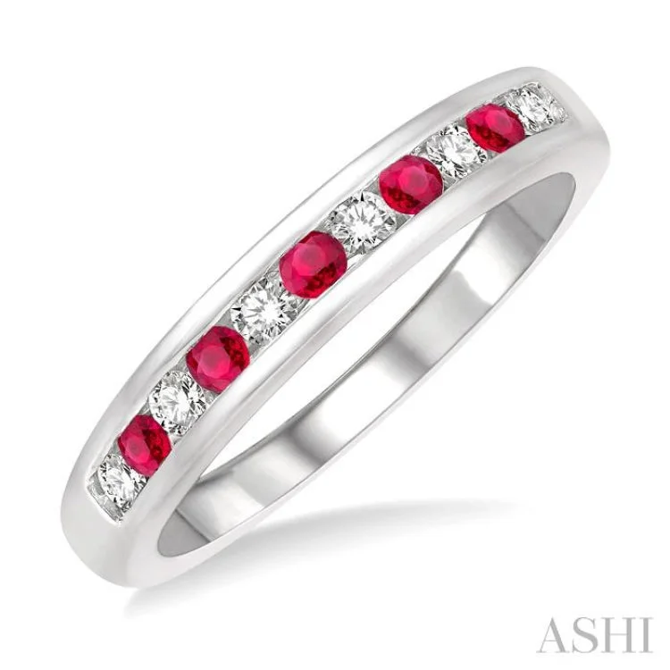 Trendy Gold Ring for Women-1/5 ctw Round Cut Diamond and 2MM Ruby Precious Wedding Band in 14K White Gold