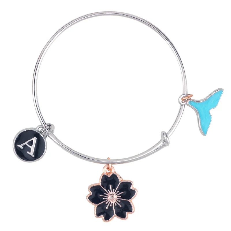 Custom Gold Bangles for Special Gifts-Mahi A Letter & Floral Shaped Rose Gold & Rhodium Plated Enamel Work Charms Kids Bracelets for Kids (BRK1100986M)