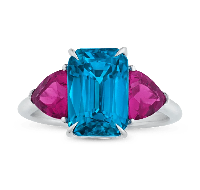 Elegant Diamond Ring for Engagement-Rebecca Rau Emerald Cut Blue Zircon Ring, 6.76 carats