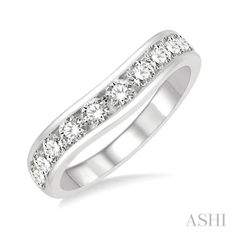 Personalized Wedding Band for Couples-1 Ctw Round Cut Diamond Inlay Wedding Band in 14K White Gold