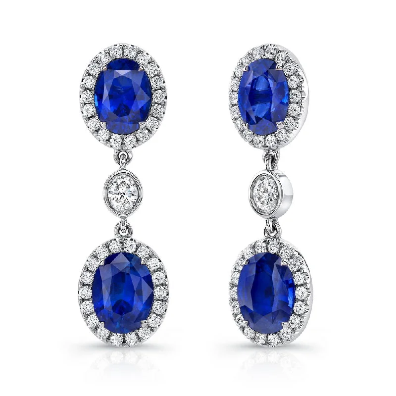 Stunning Earrings for Evening Events-Uneek Oval Blue Sapphire Earrings with Oval Diamond Accents