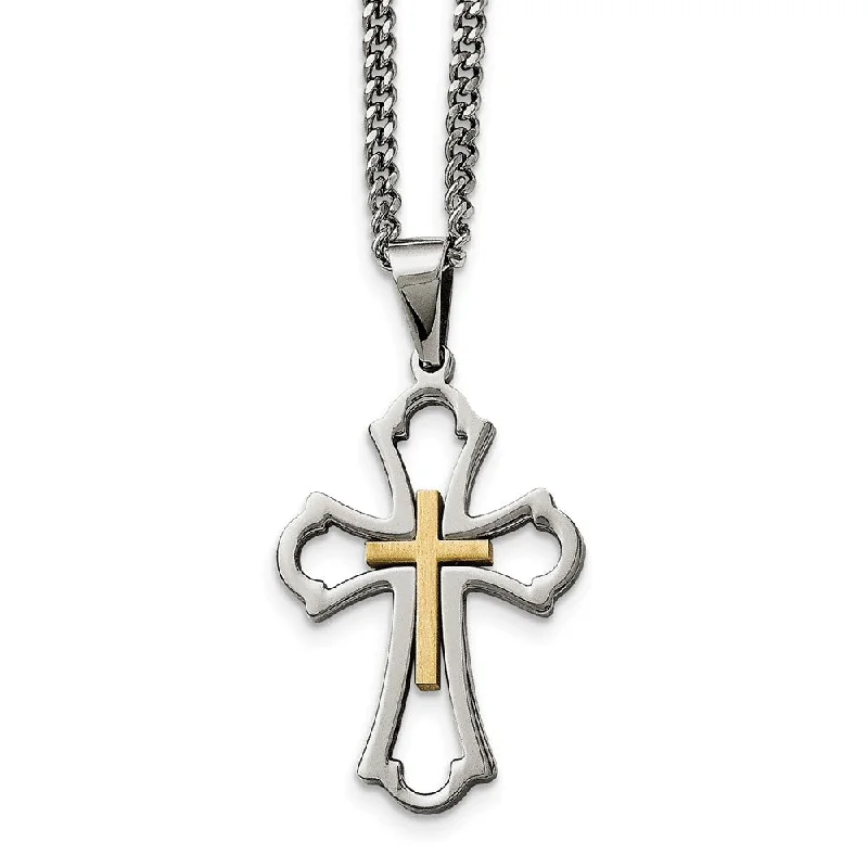 Unique Statement Necklace for Bold Fashion-Polished & Brushed Stainless Steel & Gold Tone Cross Necklace, 22 Inch