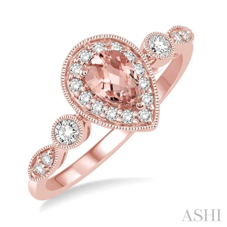 Stackable Silver Rings for Fashion-6X4MM Pear shape Morganite Center and 1/4 Ctw Round Cut Diamond Ring in 14K Rose Gold