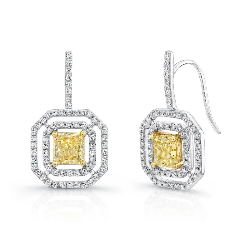 Unique Gem Earrings for Fashion-Uneek Radiant Cut Yellow Diamond Drop Earrings with Geometric Floating Halos