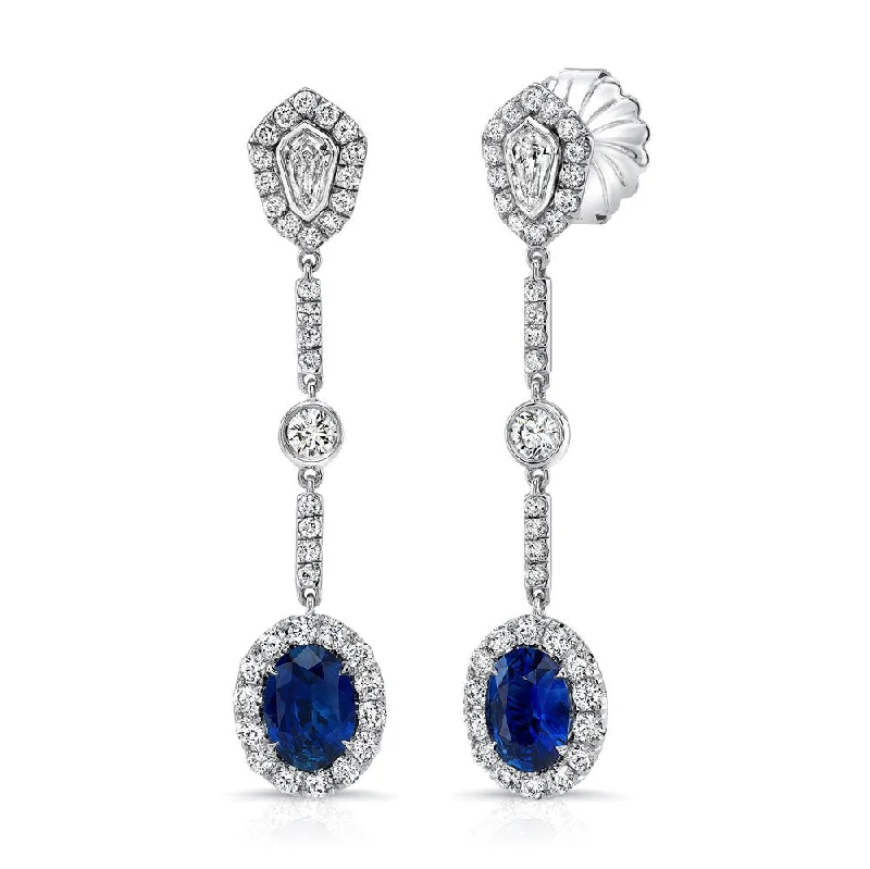 Chic Earrings for Evening Look-Uneek Oval Blue Sapphire Dangle Earrings with Kite-Shaped and Round Bezel Diamond Accents