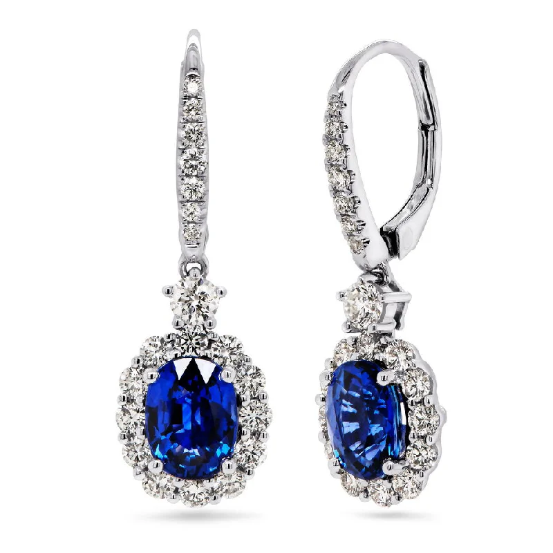 Silver Earrings for Elegant Looks-Uneek Precious Collection Halo Oval Shaped Blue Sapphire Dangle Earrings