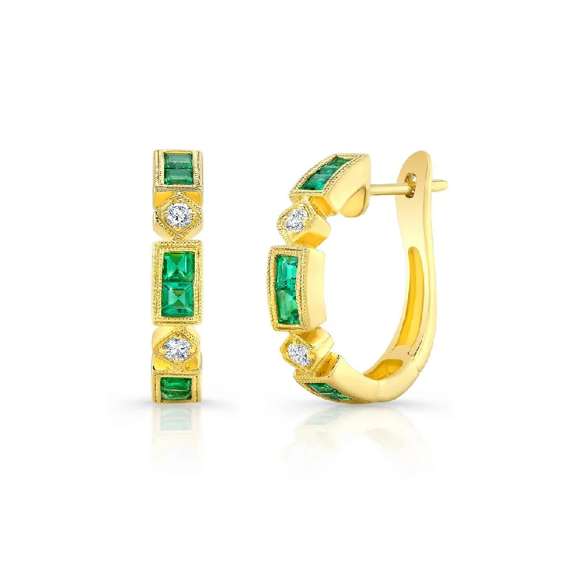 Stylish Gold Earrings for Weddings-Uneek Precious Collection Princess Cut Emerald Huggie Earrings