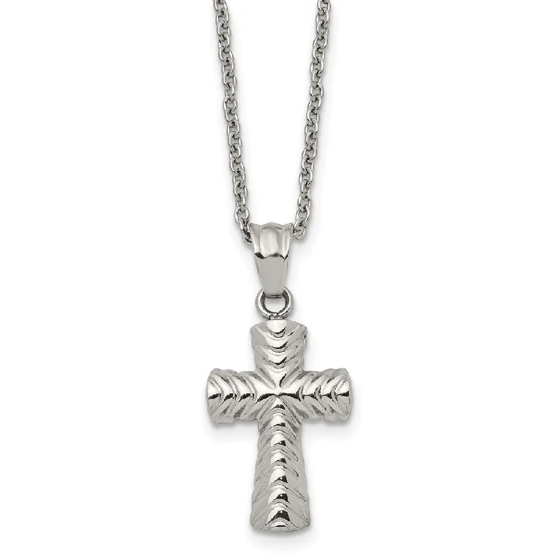 Custom Pendant Necklace for Special Gifts-Stainless Steel Small Polished and Textured Cross Necklace, 22 Inch