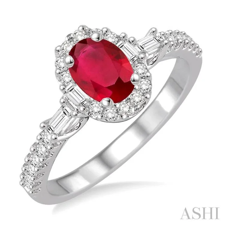 Fashionable Statement Ring for Women-6x4 MM Oval Shape Ruby and 3/8 Ctw Diamond Ring in 14K White Gold