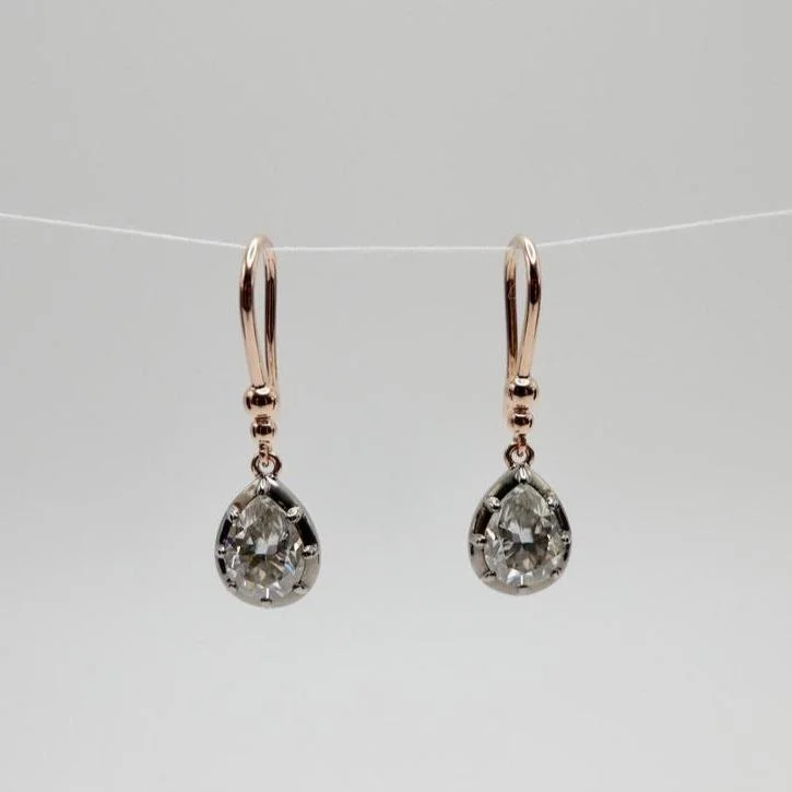 Handmade Gold Earrings-2 ct Pear Moissanite Hook Drop Earrings in Rose Gold and Blackened Gold Antique Inspired