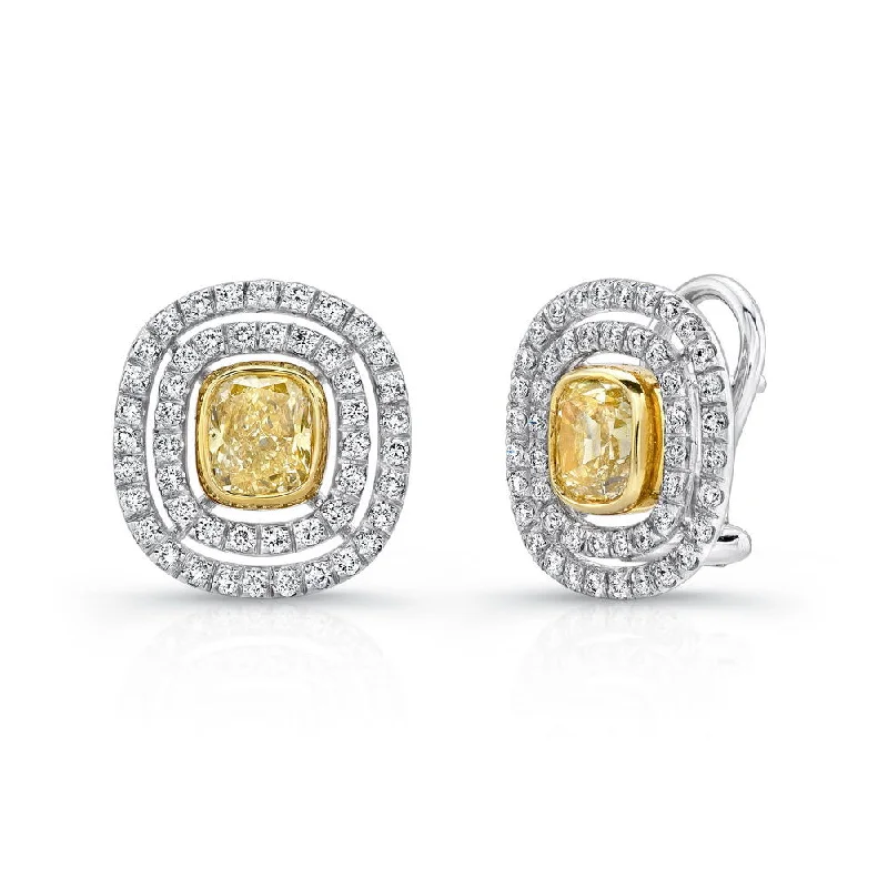 Stylish Gold Earrings for Weddings-Uneek Cushion Yellow Diamond Double Halo French-Back Earrings