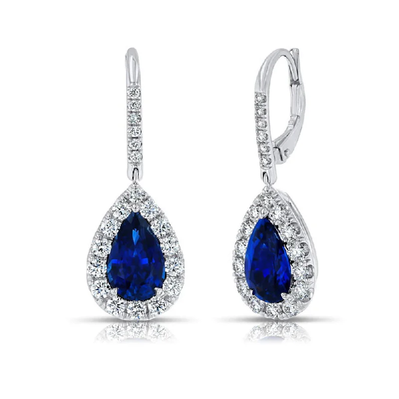 Simple Diamond Earrings-Uneek Pear-Shaped Blue Sapphire Dangle Earrings with Pave Diamond Halos