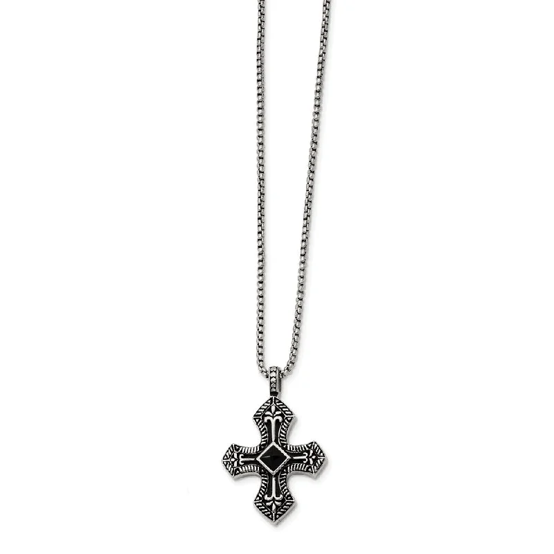 Custom Necklace for Special Celebrations-Stainless Steel Black Agate and Antiqued Cross Necklace - 24 Inch