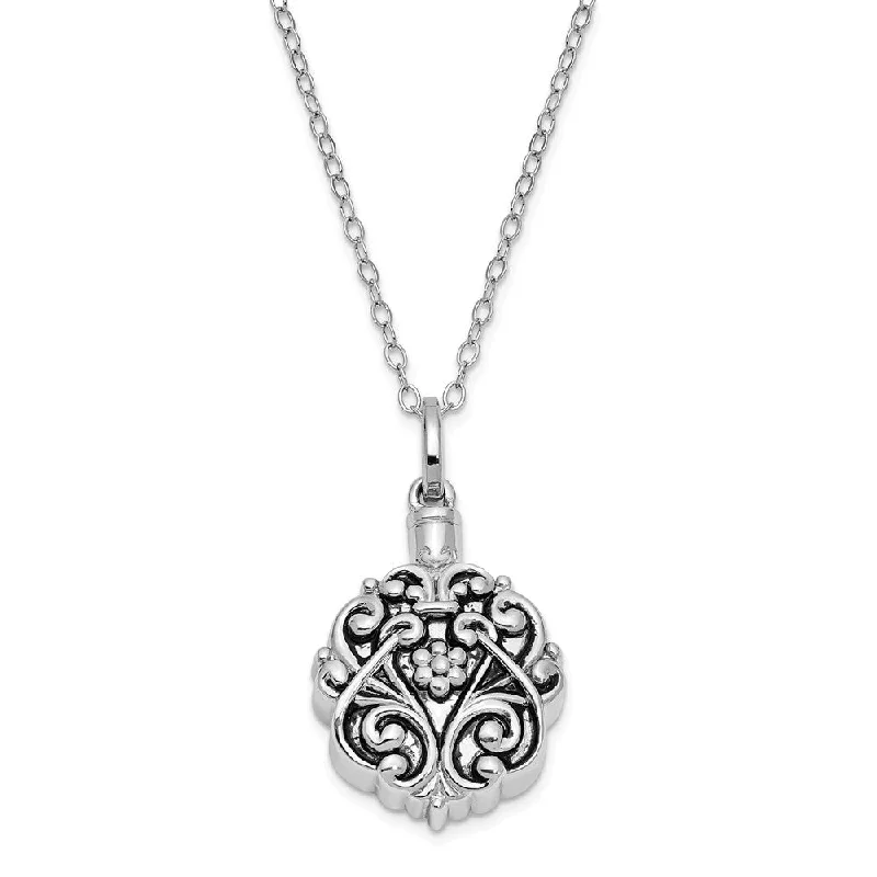 Wedding Necklace for Brides-Rhodium Plated Sterling Silver Scroll Ash Holder Necklace, 18 Inch