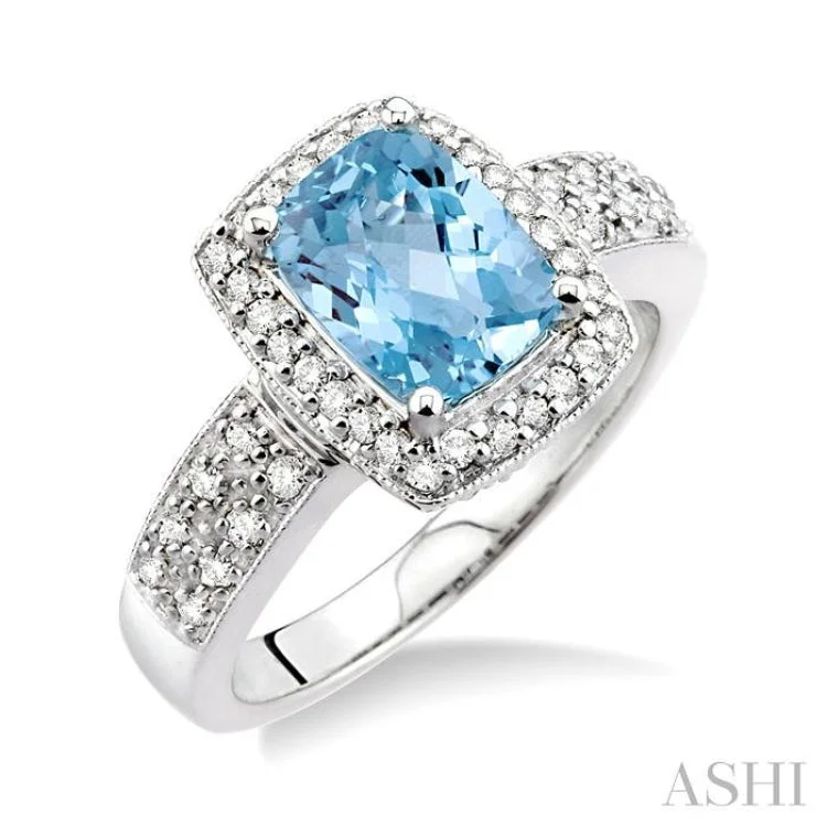 Simple Silver Ring Set for Couples-8x6mm Cushion Cut Aquamarine and 1/3 Ctw Round Cut Diamond Ring in 14K White Gold