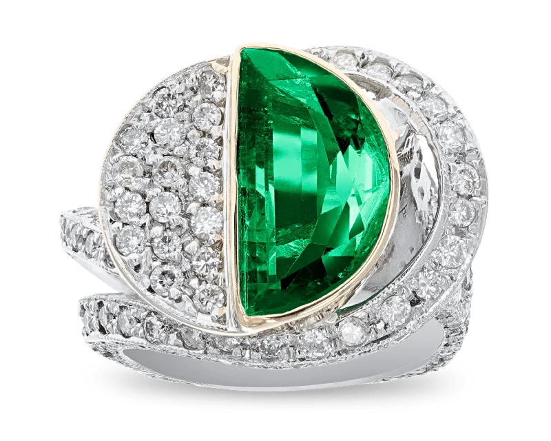 Designer Wedding Band for Men-Colombian Emerald and Pavé Diamond Ring