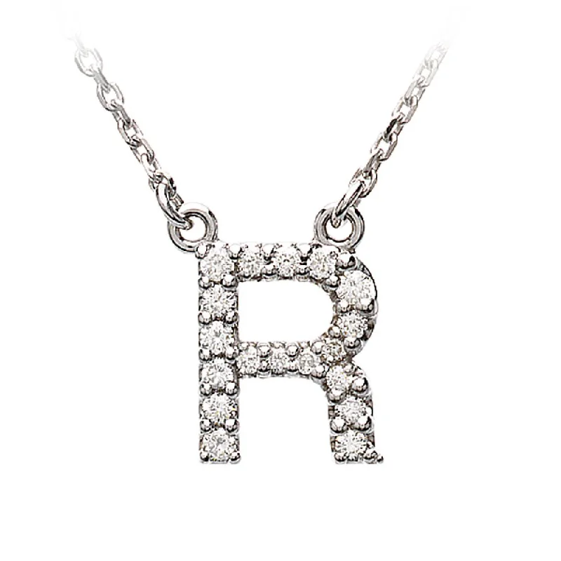 Simple Chain Necklace for Men-.14 Cttw Diamond & 14k White Gold Block Initial Necklace, Letter R