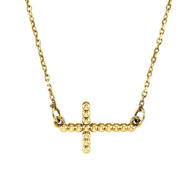 Luxury Chain Necklace for Women-19.5mm Sideways Beaded Cross Necklace in 14k Yellow Gold, 16.5 Inch