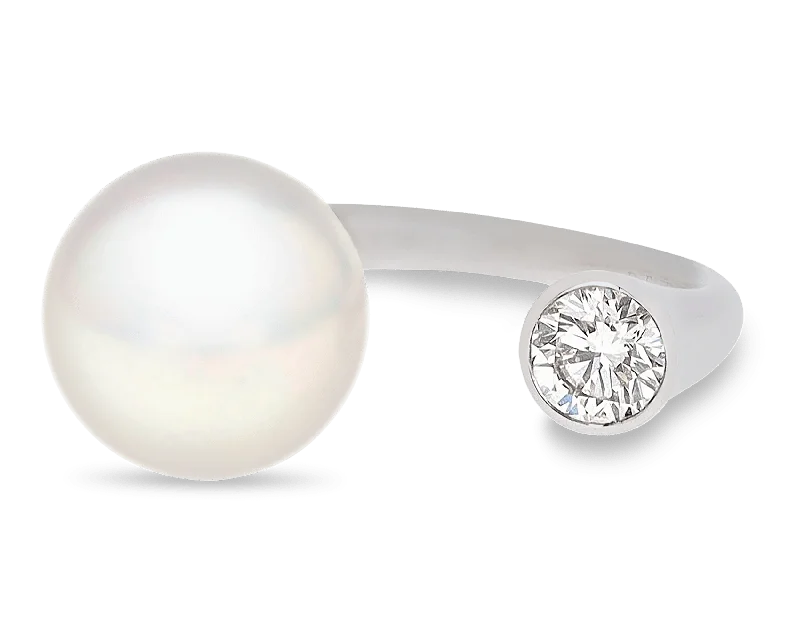 Sterling Silver Ring with Gemstones-Pearl and Diamond Open Ring