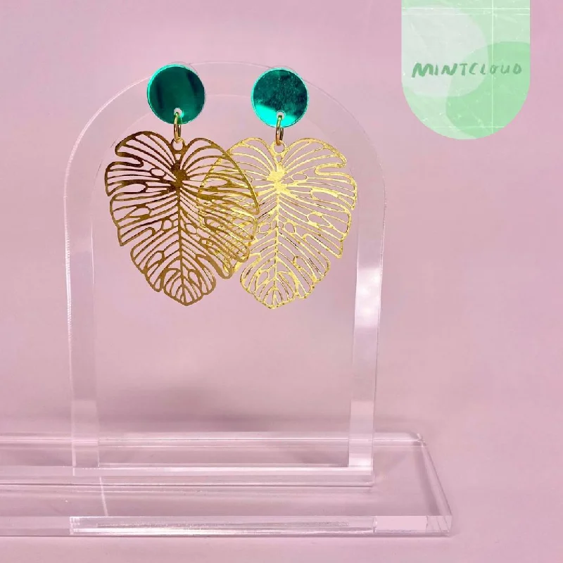 Colorful Gem Earrings-Mintcloud Brass Dangles - Monstera