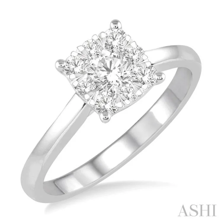 Wedding Band with Gemstones-1/2 Ctw Round Cut Diamond Square Shape Lovebright Ring in 14K White Gold