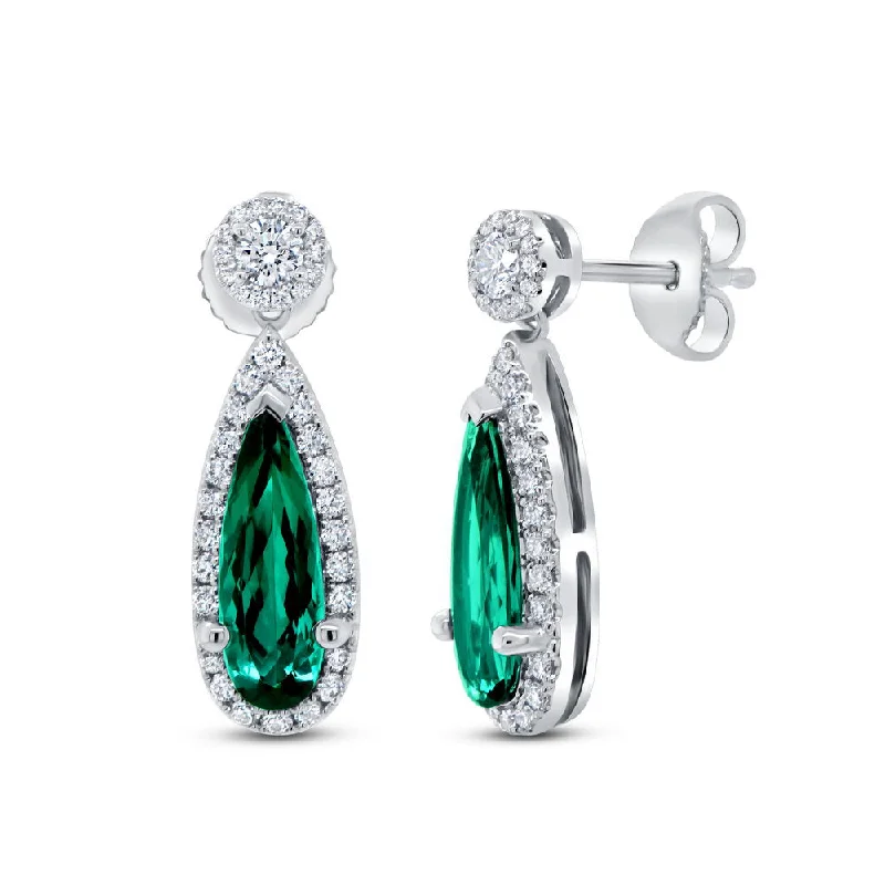 Minimalist Earrings for Every Day-Uneek Precious Collection Double-Halo Pear Shaped Green Tourmaline Anniversary Earrings