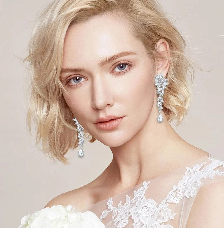 Trendy Earrings for Special Occasions-MEC-015 Crystal Long Drop Earrings Bridal Wedding Jewelry