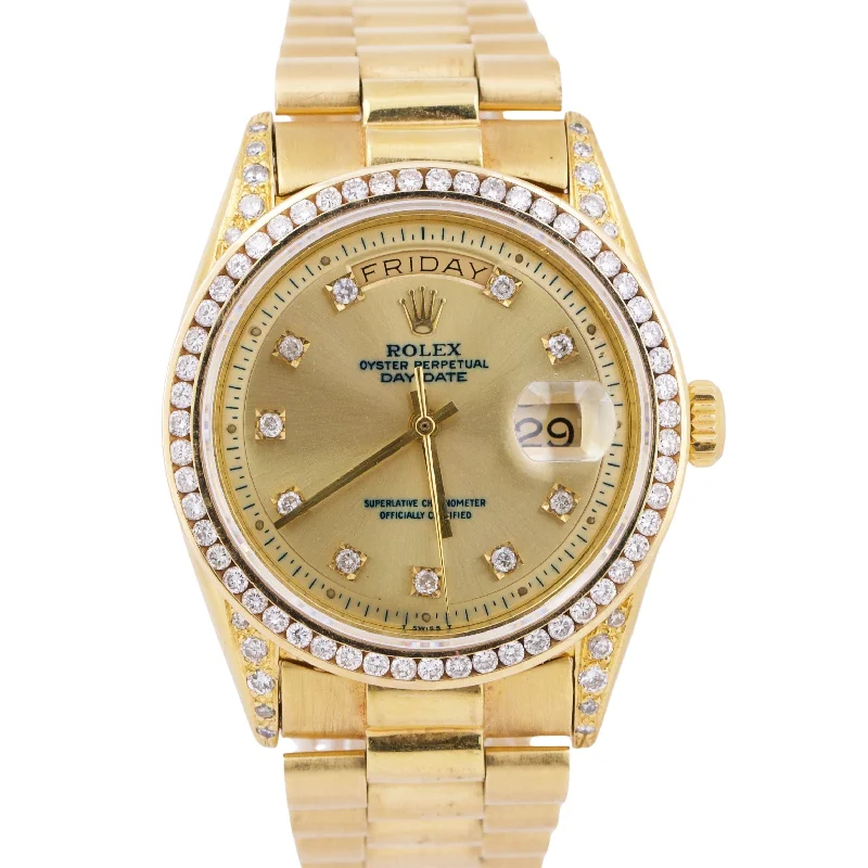 Watches with Dual Time Zones for Travelers-VINTAGE 1979 Rolex Day-Date President CHAMPAGNE DIAMOND 36mm 18K Gold 1803 Watch