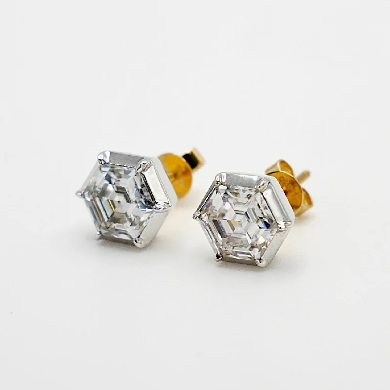 Stunning Earrings for Evening Events-Georgian Victorian Hexagon Honeycomb Moissanite Stud Earrings in 18K White and Yellow Gold