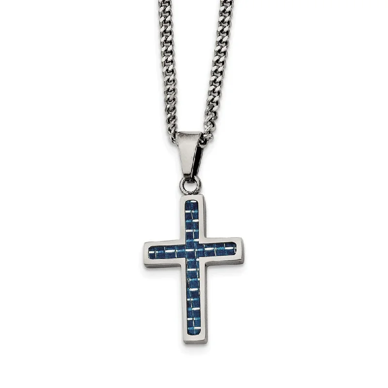 Chunky Necklace for Daytime Look-Stainless Steel & Blue Carbon Fiber Small Cross Necklace, 20 Inch